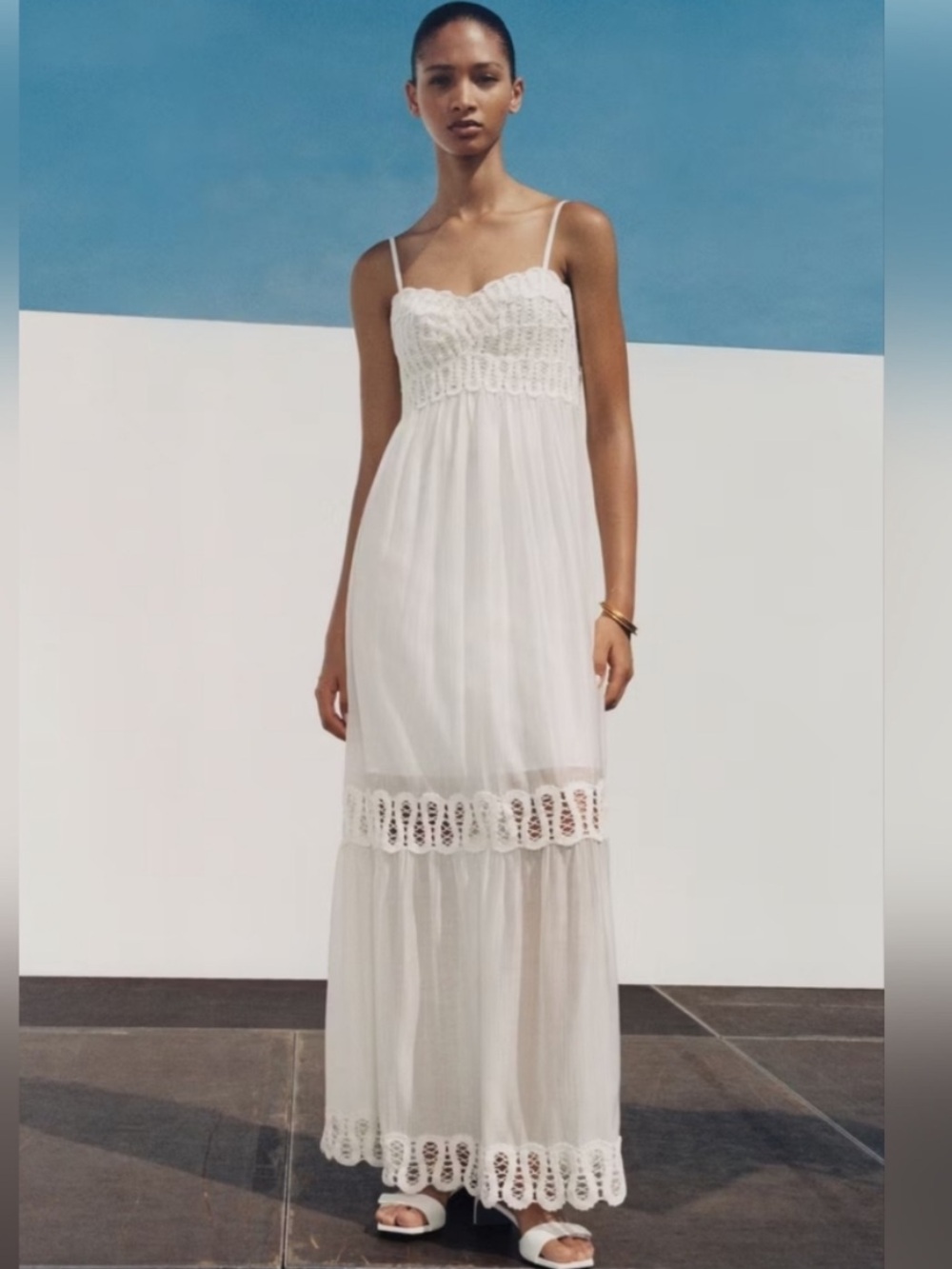 Mango flowy embroidered white maxi lace strapless dress size M